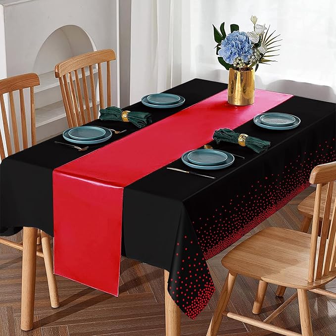 8Pack Disposable Plastic Party Tablecloths and Satin Table Runner Set Black and Red Dot Table Cloth Red Satin Table Runner for Wedding Birthday Baby Shower Anniversary Holiday Party Decorations