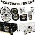 Graduation Decorations 2025 Black and Gold Grad Party Supplies with Disposable Plates, Napkins, Tablecloth, Cups and Congrats Grad Banner for 24 Guests - Graduation Party Decorations