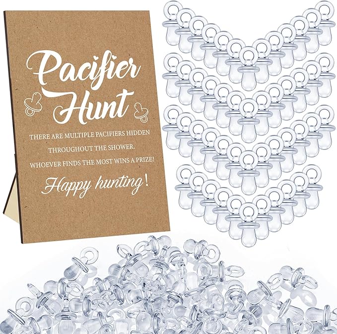 Thyle 51 Pcs Pacifier Hunt Baby Shower Games Include Hunt Sign and 50 Acrylic Pacifiers for Baby Shower Game Decoration Gift Sets Gender Reveal Party Decor(Kraft)