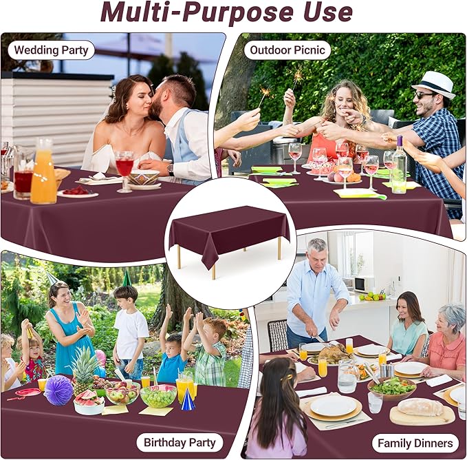 QZYL 12 PCS Wine Plastic Tablecloths, 54 in x 108 in Dinner Table Cloths, Rectangle Table Cover for Birthday Party Family Gathering Wedding