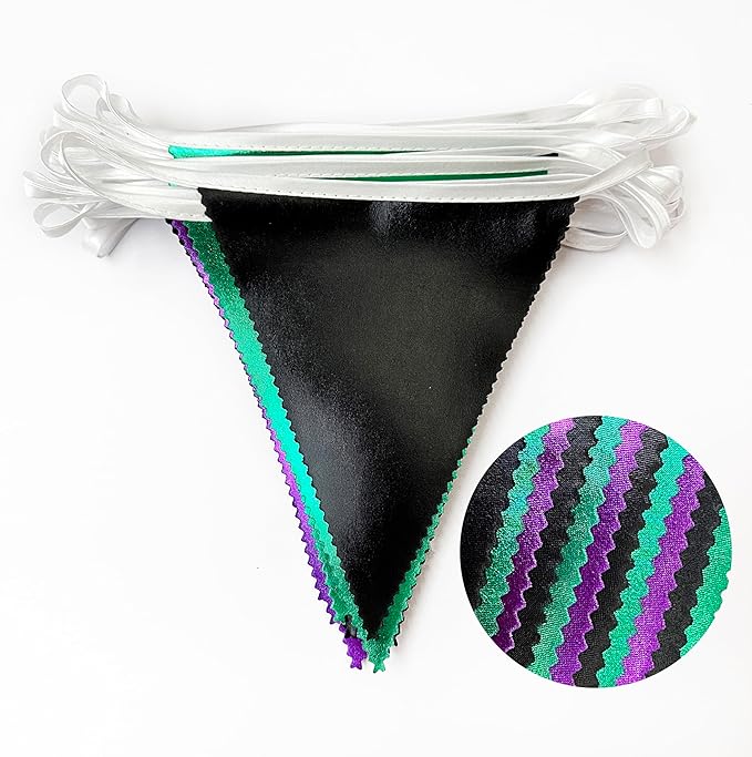 Black Purple Green Party Decorations Metallic Fabric Triangle Pennant Banner Flag Bunting for Boys Men Birthday Graduations Wedding Bachelorette Retirement Video Game Level Up Theme Party Supplies