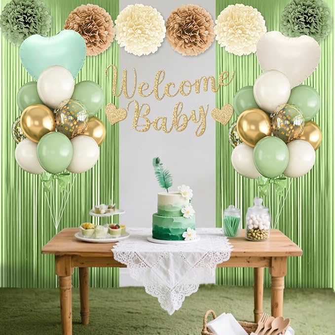 Sage Green Gold Baby Shower Decorations,Welcome Baby Banner with Sand White Green Balloons Fringe Curtains Paper Pom Poms Flowers Tassels for Girl Boy Boho Baby Shower Gender Reveal Party Supplies