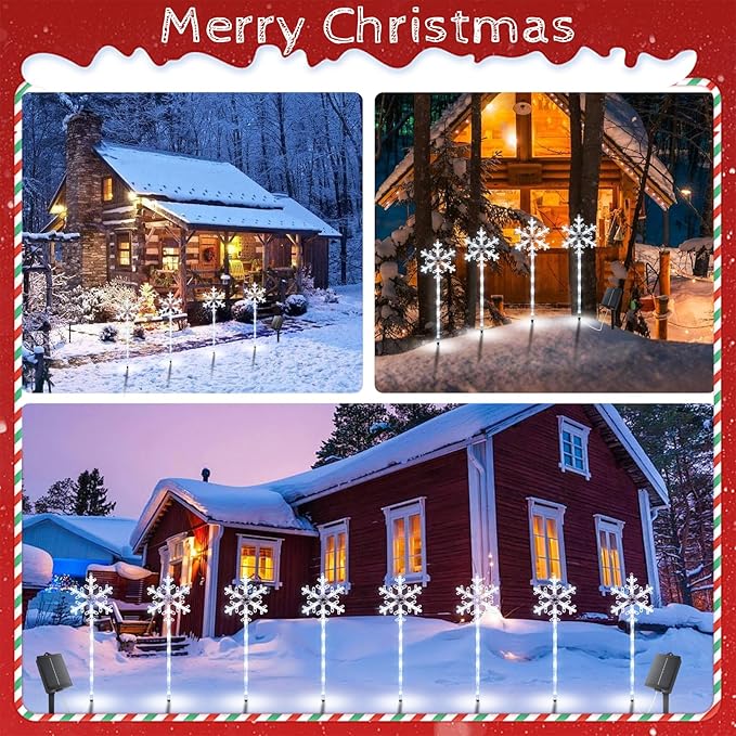 Solar Christmas Pathway Lights Outdoor Decorations, Solar Powered Snowflake Lights, Waterproof Xms Garden Stake Lights Outdoor Christmas Decorations for Patio Yard Porch Lawn, 4 Pack(White)