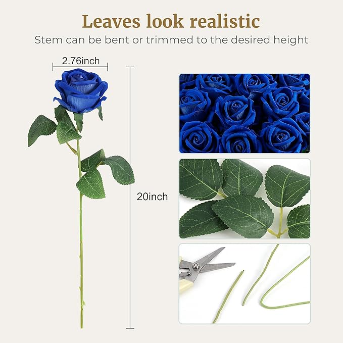 Auihiay 60PCS Fake Blue Roses, Artificial Blue Flowers, Silk Faux Rose with Long Stems for Wedding Centerpieces, Cake, DIY Floral Arrangement, Home Decor, Anniversary, Valentine's Day Decorations