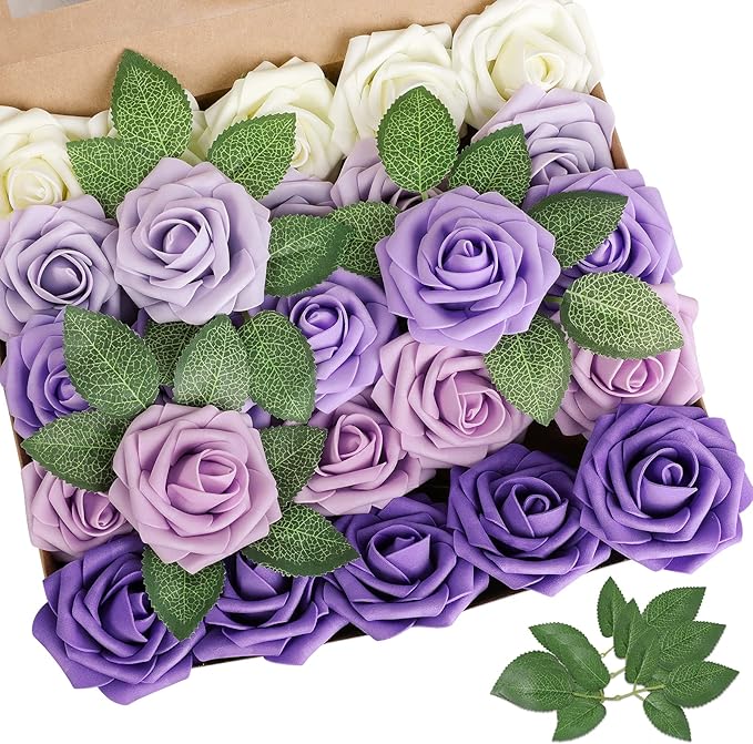 AmyHomie Artificial Flower Seriesc Purple Rose 25pcs Real Looking Fake Roses w/Stem for DIY Wedding Bouquets Centerpieces Arrangements Party Baby Shower Valentines Day Christmas Tree Decorations