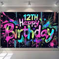 Neon 12th Happy Birthday Banner 71x43 Inch Paint Splatter Glow in The Dark Party Backdrop Colorful Wall Decor for Kids Boys Girls Twelfth Birthday Celebrations Photo Booth Props Event