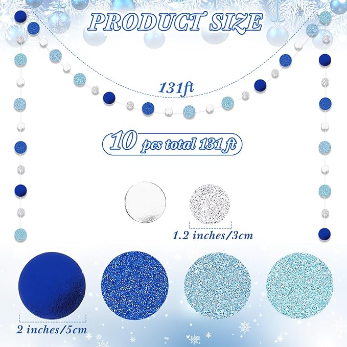 Outus 10 Pieces Silver Round Dots Garland Easter Graduation Party Hanging Decor Each Length 13.1ft Glitter Paper Dot Streamers for Birthday Wedding Classroom (Blue)