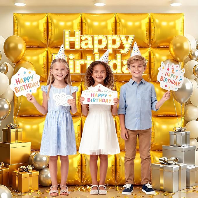 25Pcs Gold Square Foil Balloons Wall Backdrop, Double Sided Metallic Foil Balloons Tunnel Arch Garland Kit for Photo Booth Birthday Wedding Graduation Halloween Party Decorations