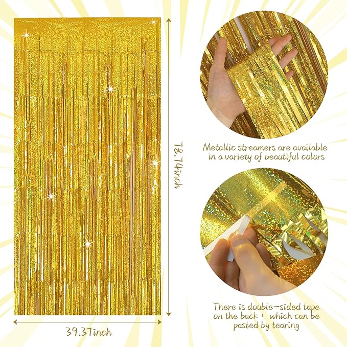 Tinsel Curtain Party Backdrop Gold Birthday Decorations 5 Packs Glitter Foil Fringe Decor Streamers Photo Booth for Christmas Wedding Halloween Graduation Decorations