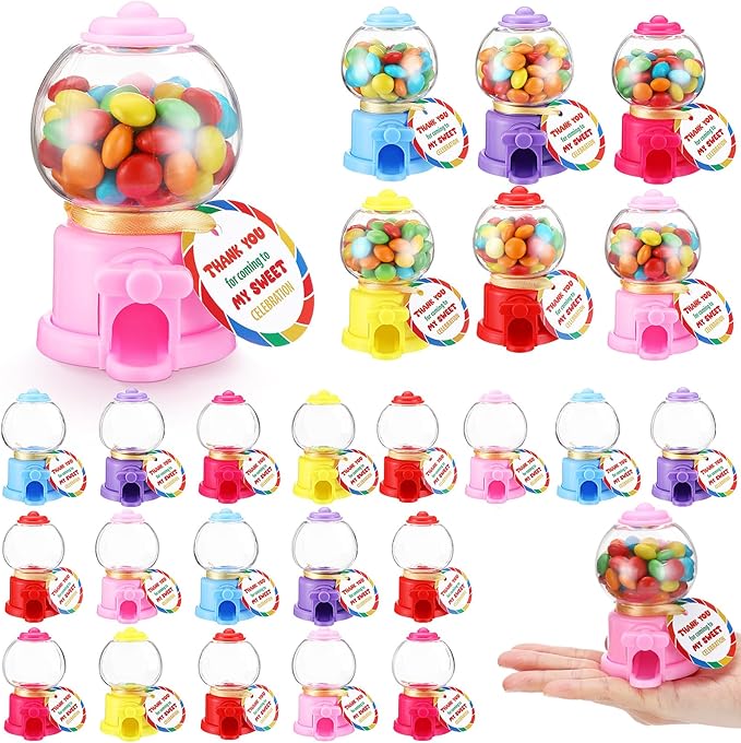 Candy Party Favors with 3.8 Inch Mini Candy Dispenser Toy Thank You Cards Mini Bubble Gumball Machines for Land Birthday Party Decorations Favors(18 Sets)