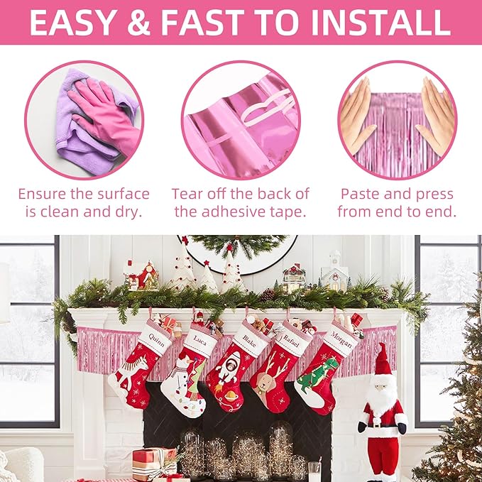 12 Pack 10 Feet Metallic Foil Fringe Garland Tinsel Streamers Banner, Pink Wall Hanging Tinsel Fringe Banners for Parade Floats, Wedding, Birthday, Christmas, New Year Party Decorations