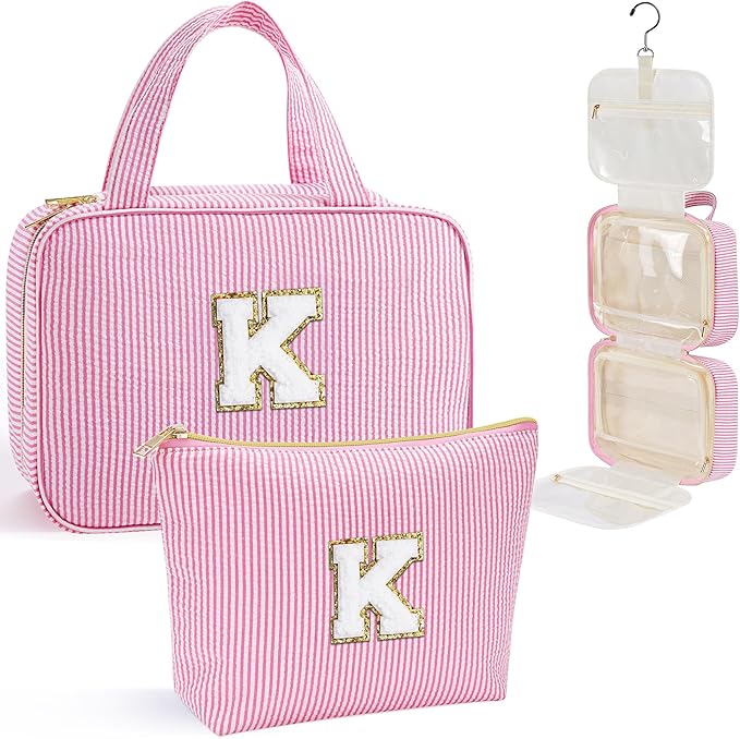 YOOLIFE Gifts for Women Teen Girls Kids, Initial Hanging Toiletry Bag for Women, Travel Toiletry Bag, Birthday Gifts for Mom Daughter Sister Friends, Letter K, Pink
