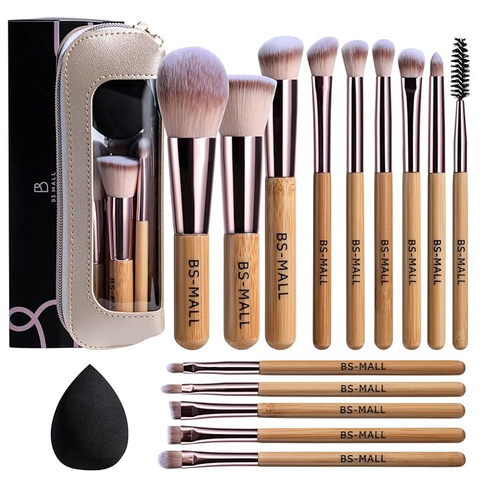 BS-MALL 14 Pcs Makeup Brushes Set with 1 Pcs Makeup Sponge – Essential Foundation Powder Concealers, Eye Shadows, Blush Makeup Brushes with Travel Makeup Case (Bamboo)