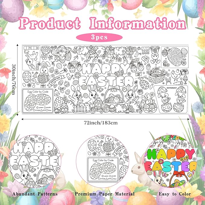 3 PCS Easter Coloring Tablecloth, Easter Crafts for Kids, 72" x 30" Giant Paper Coloring Table Cloth Banner for Gifts Activities, Fun DIY Art Easter Decorations Supplies for Family School Party Games