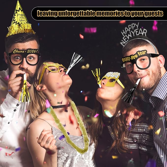 Capoda 192 Pcs New Years Eve Party Supplies 2026 Decorations Kit for 48 Guest with Happy New Year Cone Hat Tiara Headband Glasses Bead Noisemaker Horns Lei Necklace