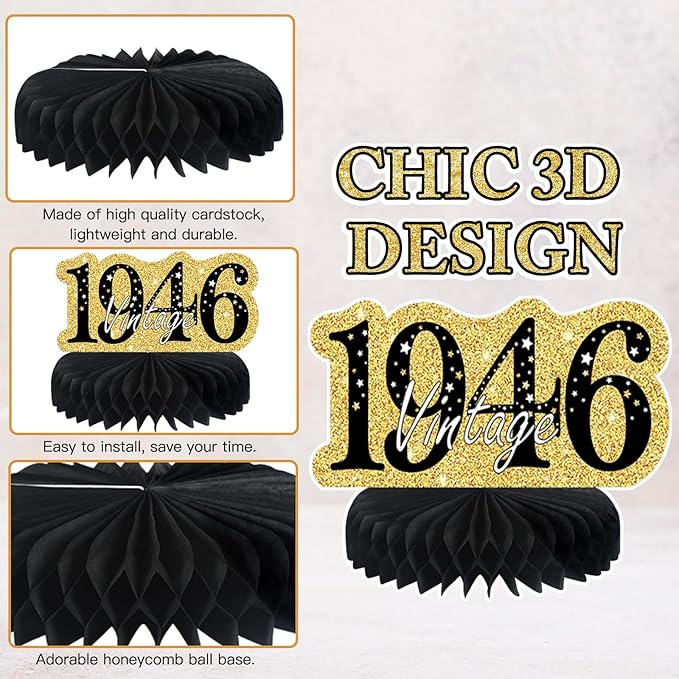 9Pcs 80th Birthday Decorations Honeycomb Centerpieces for Men Women, Black Gold Happy 80th Birthday Centerpieces Tables Toppers Party Decorations Supplies,Vintage 1946 Aged Table Sign Decor