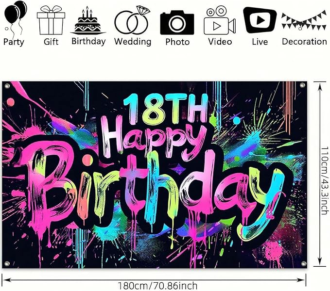Neon 18th Happy Birthday Banner 71x43 Inch Glow in The Dark Party Backdrop Colorful Wall Decor for Adults Boys Girls Eighteenth Birthday Celebrations Photo Booth Props Event Supplies
