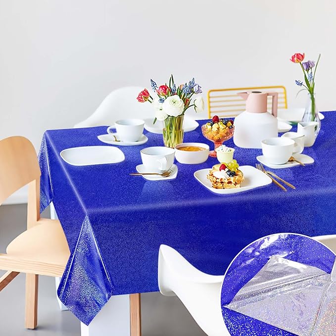 1 Pack Blue Iridescent Plastic Tablecloth Disposable 54 × 108 Inch Glitter Holographic Foil Table Cloth Plastic Laser Rectangle Table Cover for Birthday Wedding Disco Party