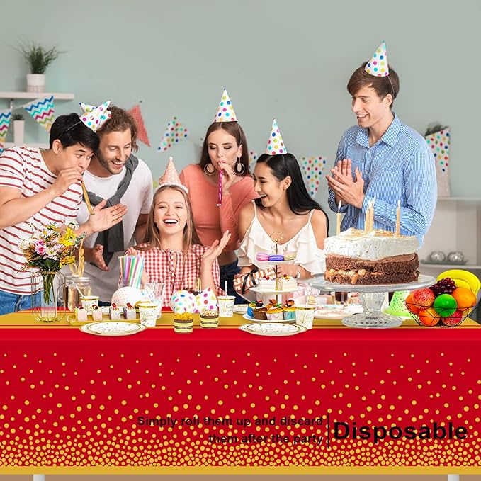 4 Pack Red and Gold Tablecloth Party Decorations Plastic Red Tablecloth Printed Gold Table Runner 54 x108 Inch Disposable Rectangle Table Cover for Birthday Wedding Graduation Anniversary