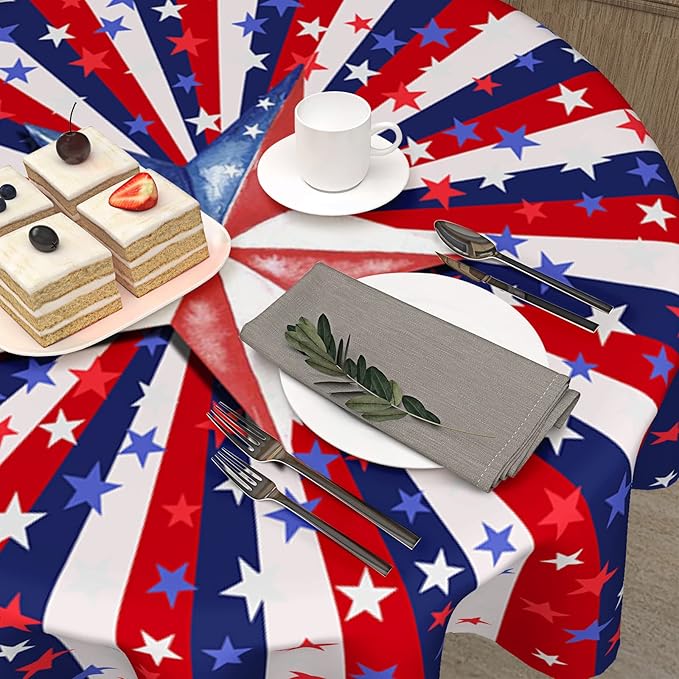 4th of July Tablecloth 70 Inch Round Memorial Day Patriotic Tablecloth Washable Polyester Fabric American Flag Table Cloth Independence Day Table Cover For Dining Room Picnic Kitchen Outdoor Decor