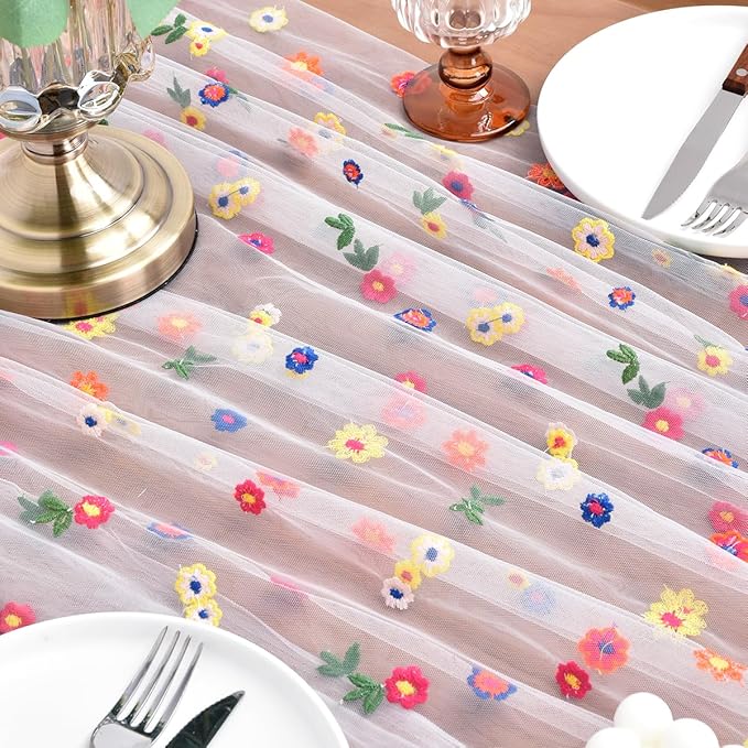 Joanlody Ivory Embroidery Daisy Spring Summer Table Runner 10ft Florals Seasonal Easter Tulle Table Runner Holiday Kitchen Dining Table Decoration for Home Party Indoor