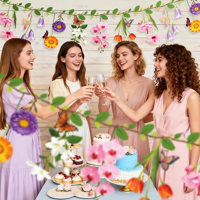 2PCS Flower Banner Reusable Wildflower Garland Floral for Spring Party Enchanted Garden Theme Picnic Wedding Baby Shower Birthday Tea Party Christmas Valentine's Day Supplies Home Decorations