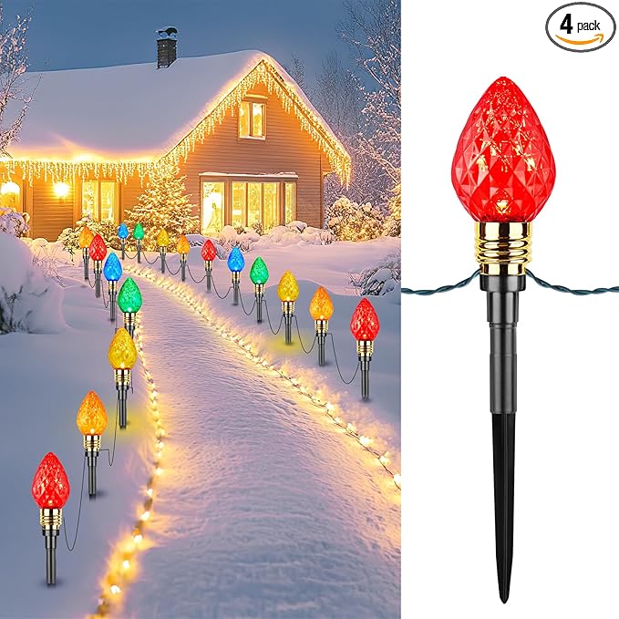 Brightown 4 Pack Strawberry C9 Christmas Pathway Lights Outdoor - Total 69.6 Feet 40 LED Christma Walkway Lights,Colored Bulb Christmas Light Outdoor Decorations for Lawn Holiday Outside, Multicolor