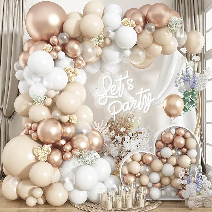Beige Champagne Gold Balloons Garland Arch Kit, 102PCS White Sand Metallic Champagne Gold Nude Neutral Cream Balloons for Wedding Baby Bridal Shower Boho Birthday Anniversary Party Decorations