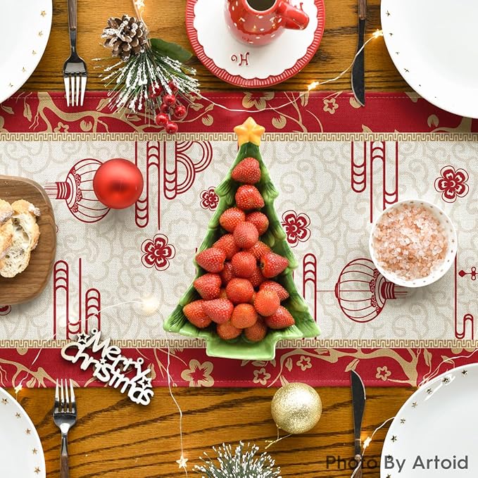 Artoid Mode Paper Cutting Style Chinese Zodiac Horse Happy 2026 Lunar New Year Table Runner, Spring Festival Winter Kitchen Dining Table Decoration for Home Party 13x48 Inch