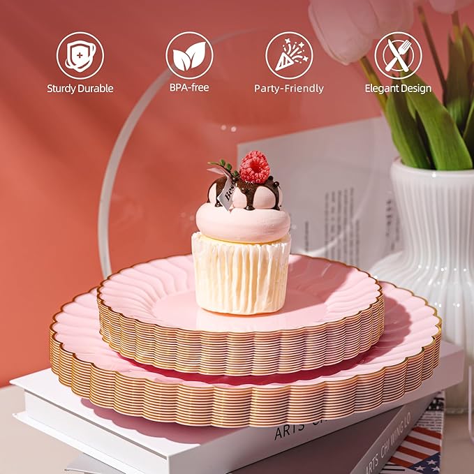 Lullaby 60PCS Pink Scalloped Plastic Plates with Gold Rim, Disposable Elegant Plates Include 30pcs Dinner Plate 10.25", 30pcs Dessert Plate 7.5", Perfect for Daily Use, Wedding and Party