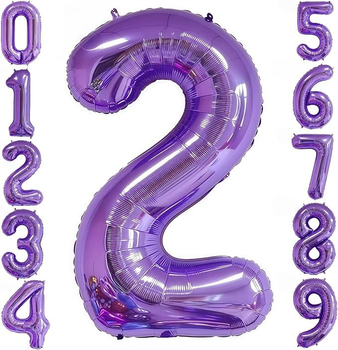 Purple 2 Balloon Number,40 Inch Number 2 Balloon Big Purple 2 Foil Mylar Helium Balloon for Birthday Party Decorations