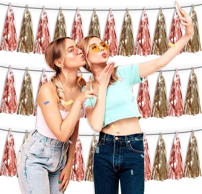 3P Rose Champagne Gold Metallic Fringe Tassel Banner Garland Foil Tinsel Streamer Wall Hanging Curtain Backdrop Banner for Parade Floats, Graduation Decorations, Wedding Party Decoration