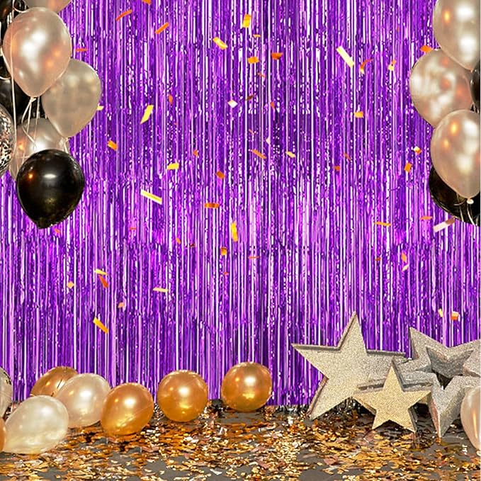 3 Pack Foil Fringe Backdrop - Purple Shiny Tinsel Curtains for Party Decoration/Photo Booth Props - 3.3x8.2 FT Metallic Foil Backdrop for Birthday, Wedding, Graduation, Christmas.