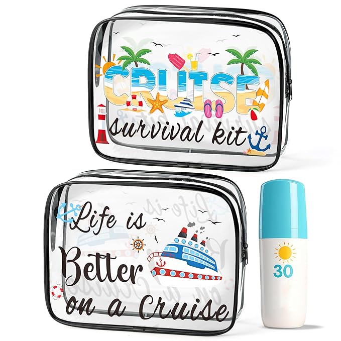 Y1tvei Cruise Clear Makeup Bag - 2Pcs Large Cruise Ship Essentials Travel Cosmetic Bag Survival Kit PVC Waterproof Toiletry Organizer Pouches Summer Beach Travel Accessories for Women Vacation