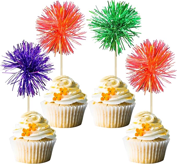 Gyufise 30Pcs Foil Firework Cupcake Toppers Sparkle Tinsel Cake Toppers Tinsel Drink Cake Decoration Cocktail Picks for Halloween Birthday Wedding Graduation Party Supplies Purple Green Orange