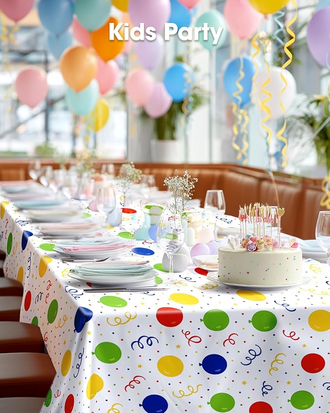 Pureegg Plastic Table Cloth Disposable 10 Pack, 54 x 108 Inch Table Cloths, Birthday Party Decorations, Picnic, White Tablecloths, Rectangle, Colorful, Rainbow Cover, Leakproof & Sturdy, Balloon