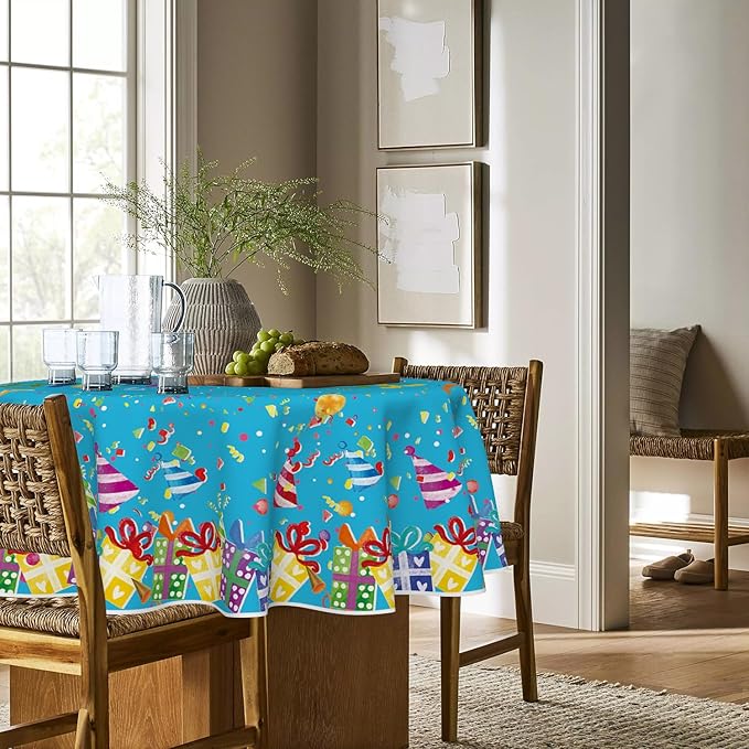 Horaldaily Birthday Tablecloth 90x90 Inch Round, Happy Birthday Ballon Blue Washable Seasonal Table Cover for Party Picnic Dinner Decor