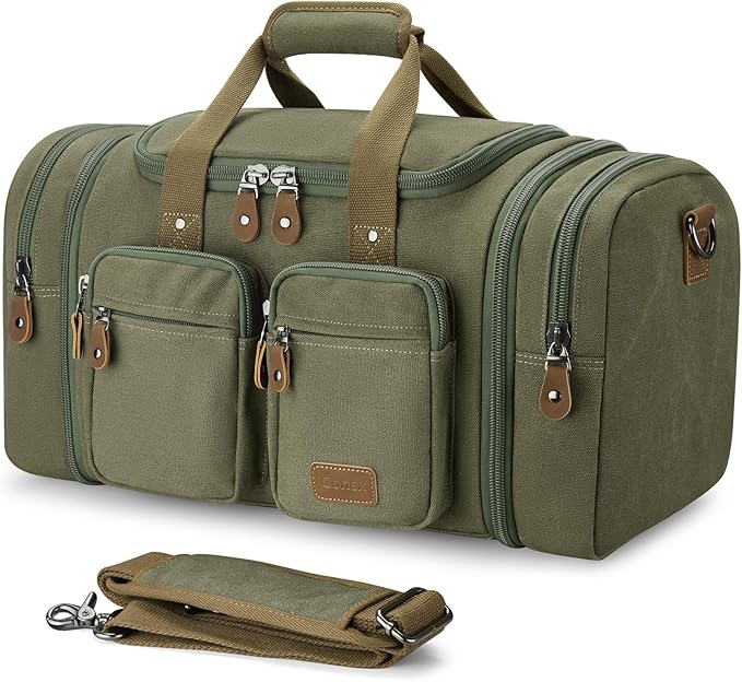 Gonex Canvas Duffle Bag for Travel, Expandable Water Resistant 60L Carry on Duffel Overnight Weekender Gym Bag with Wet Dry Separation Pocket & Suitcase Handle Sleeve, Army Green