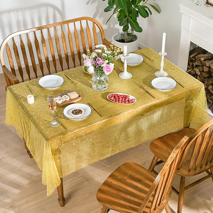 Horaldaily Yellow Gold Sparkling Star Gauze Tablecloth 60x120 Inch Rectangular, Golden Star Sequin Glitter Metallic Foil, Sheer Tulle Cheesecloth for Wedding Baby Shower Party