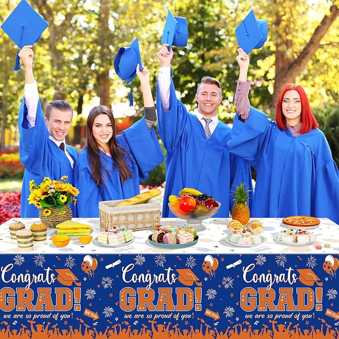 6Pack Graduation Tablecloth Party Decorations, Class of 2026 Congrats Grad Plastic Tablecover Party Supplies, Blue and Orange Rectangle Graduation Table Decor for College High School Party, 54x108Inch