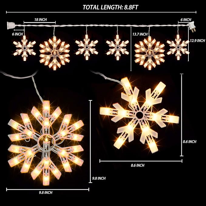 Dazzle Bright Christmas Snowflake Lights Outdoor,100 Count 8.5FT Connectable Waterproof Christmas Icicle Lights with 6 Drops Plug in for Indoor Xmas Yard Home Decorations (Warm White)