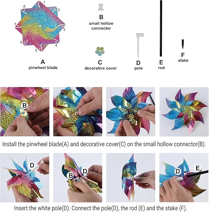 Hausse 10 Pack Reflective Pinwheels Wind Spinner, Extra Sparkly Rainbow Pinwheel with Stakes, Bird Repellent Blinder Devices Deterrent to Scare Birds Away from Yard Patio Farm Garden, Colorful
