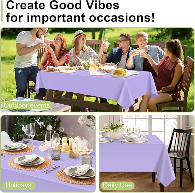 QIKSION Lavender Plastic Table Cloth Disposable 2 Pack, 54 x 108 Inch Tablecloths for Birthday Party Supplies, Easter Decorations, Light Purple, Pastel, Lilac Rectangle Table Cover