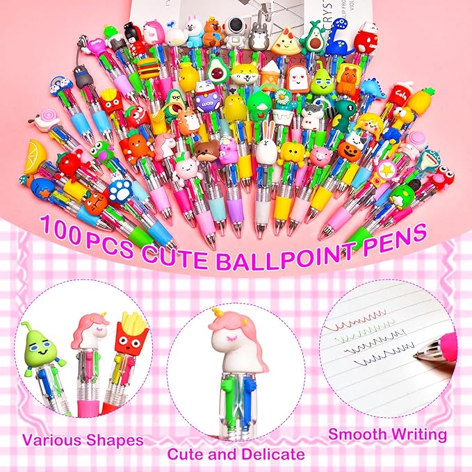 100Pcs Mini Multicolor Pens in One 4-in-1, Cute Pens Bulk for Party Favors and Birthdays, Delightful Ballpoint Pen Gifts Classroom Student Prizes (100pcs)