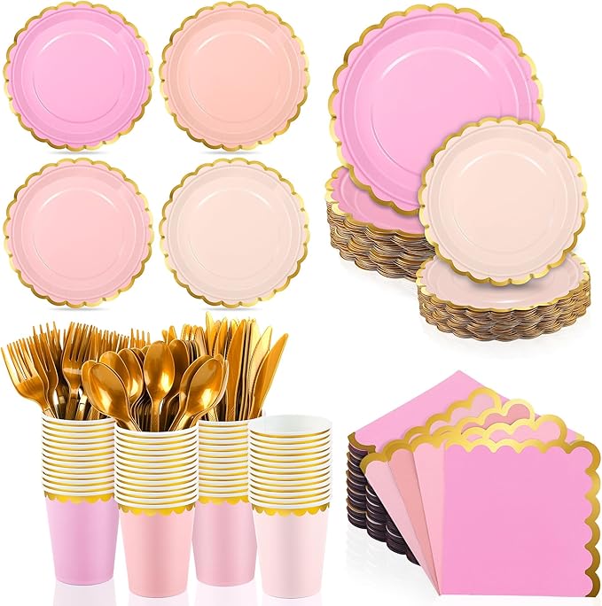 Kochorie 140 PCS Pink Plates and Napkins Party Supplies for 20 Guests Disposable Light Pink Paper Plates Set Includes Pink Scalloped Plates Napkins Cup Cutlery Set for Baby Shower Birthday Wedding