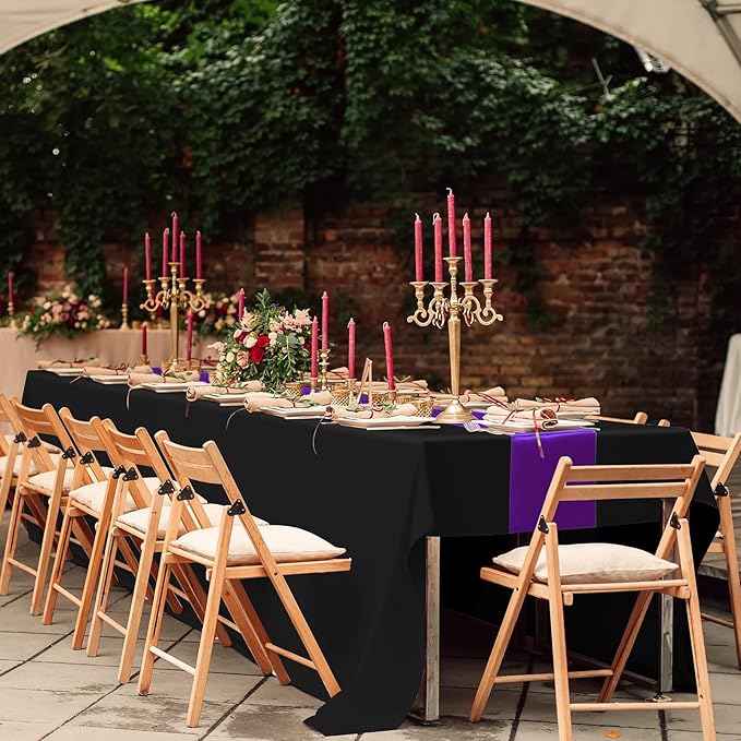 12Pack 12x108 Inch Satin Table Runner and 54x108Inch Plastic Tablecloths Set Black Purple Disposable Rectangle Table Cover for Graduation Wedding Bridal Shower Anniversary Birthday Party Decorations