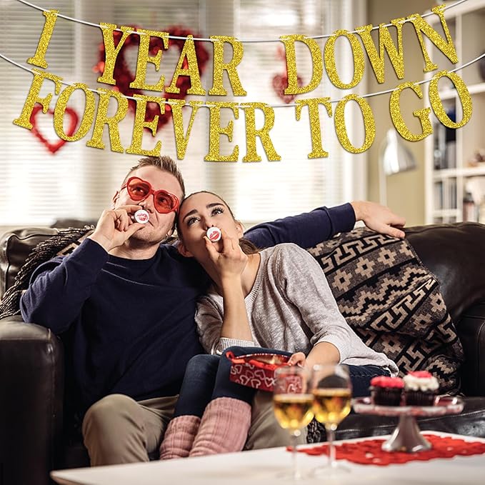 1 Year Down Forever to Go Banner, 1 Year of Marriage Gift, Happy 1st Wedding Anniversary Party Decoration Supplies, Gold Glitter