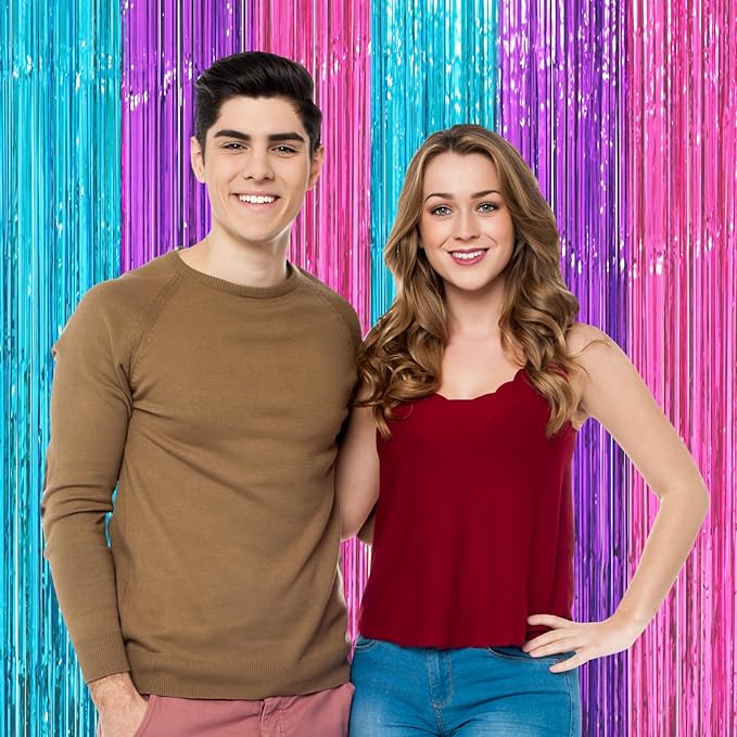 2 Pack Blue Purple Pink Foil Fringe Backdrop Curtains, Tinsel Streamers Party Decorations, Fringe Backdrop, Door Shimmer for Mermaid or Birthday Party