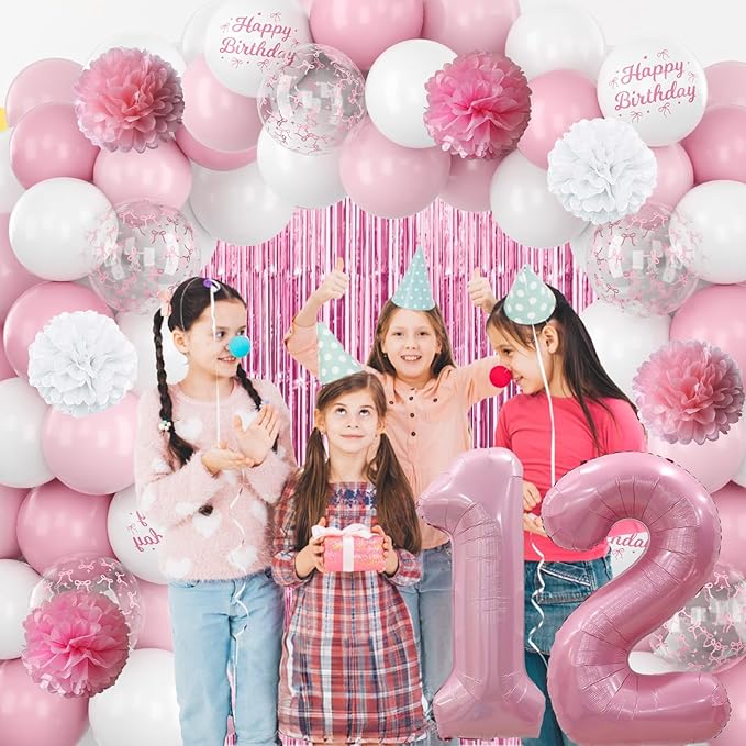 12th Birthday Decorations for Girls Pink Number 12 Balloon Bow Coquette Happy Birthday Banner Fringe Curtain Paper Pom Poms Star Heart Foil Pink White Balloons 21 Year Old Party Decor