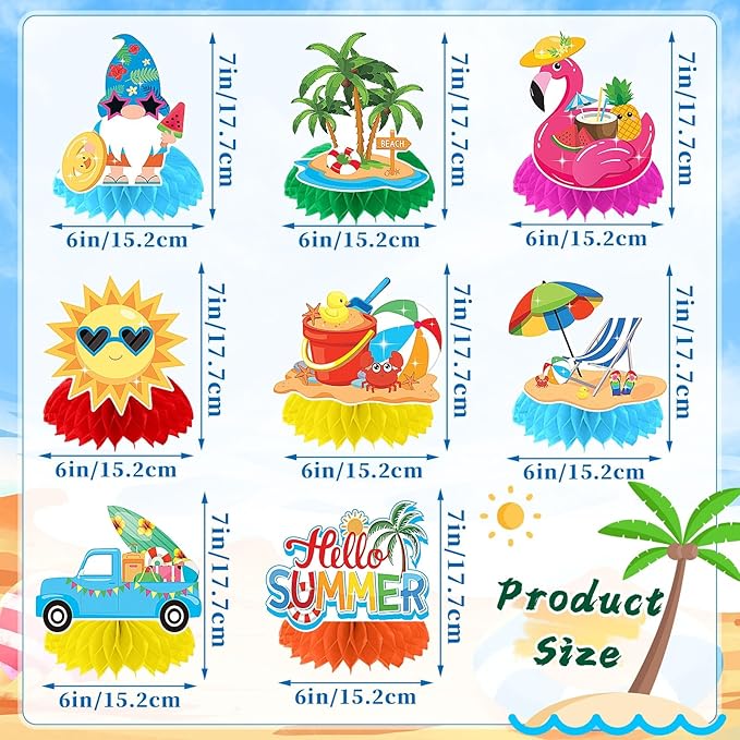 JULMELON 8PCS Summer Party Decorations Honeycomb Centerpiece, 3D Double Side Summer Beach Pool Party Table Toppers for Hawaiian Theme Party Decorations Hello Summer Beach Party Favors Supplies
